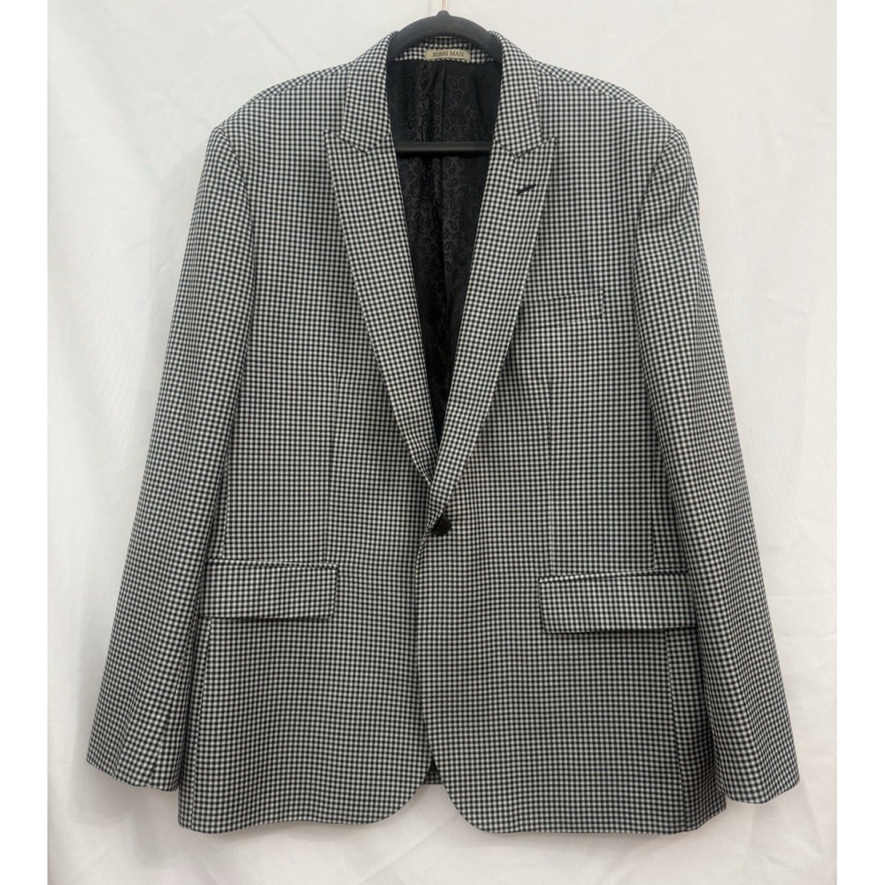 Rossi Man Blazer Mens 46R 100% Wool Noah Super 150s Jacket Black White Check‎